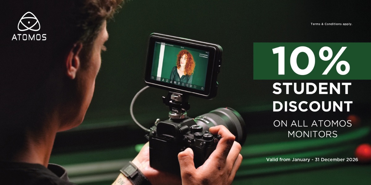 Atomos student discount advert showing 10 percent off Atomos monitors valid until 31 December 2026