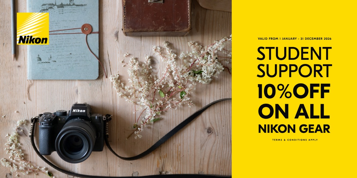 Nikon student support advert showing 10 percent off Nikon gear valid until 31 December 2026